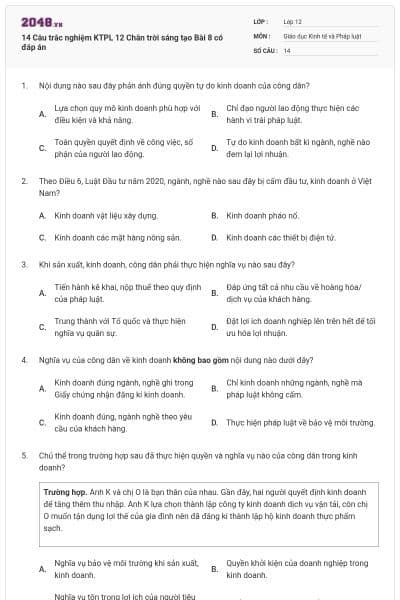 14 Câu trắc nghiệm KTPL 12 Chân trời sáng tạo Bài 8 có đáp án