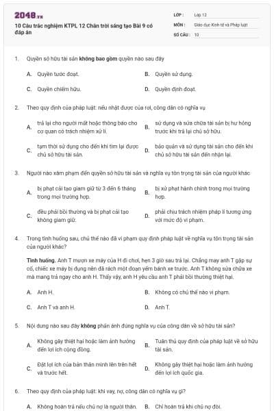 10 Câu trắc nghiệm KTPL 12 Chân trời sáng tạo Bài 9 có đáp án