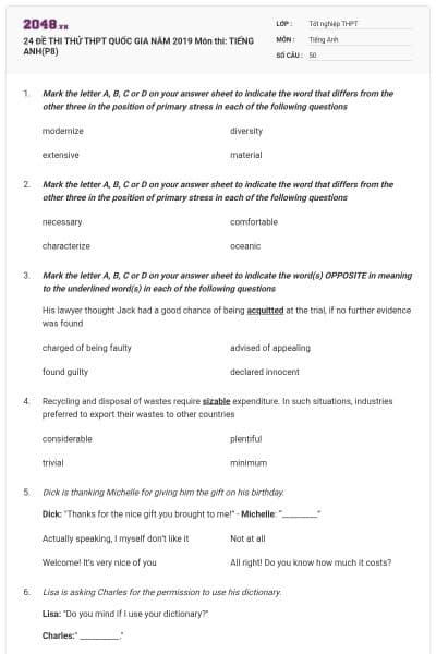 24 ĐỀ THI THỬ THPT QUỐC GIA NĂM 2019 Môn thi: TIẾNG ANH(P8)