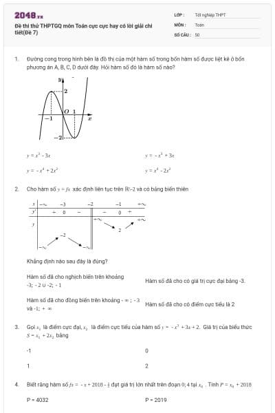 Đề thi thử THPTGQ môn Toán cực cực hay có lời giải chi tiết(Đề 7)