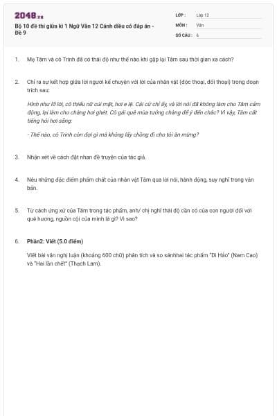 Bộ 10 đề thi giữa kì 1 Ngữ Văn 12 Cánh diều có đáp án - Đề 9