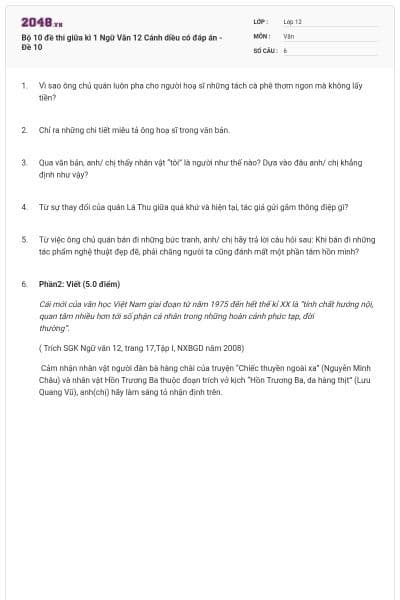 Bộ 10 đề thi giữa kì 1 Ngữ Văn 12 Cánh diều có đáp án - Đề 10