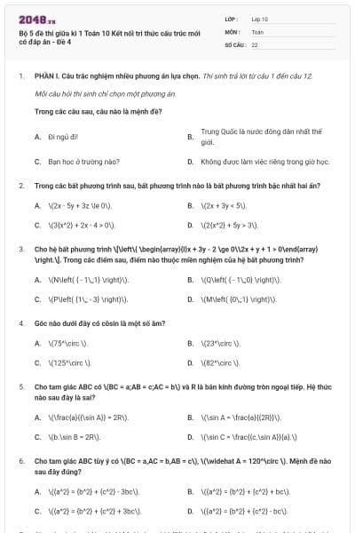 Bộ 5 đề thi giữa kì 1 Toán 10 Kết nối tri thức cấu trúc mới có đáp án - Đề 4
