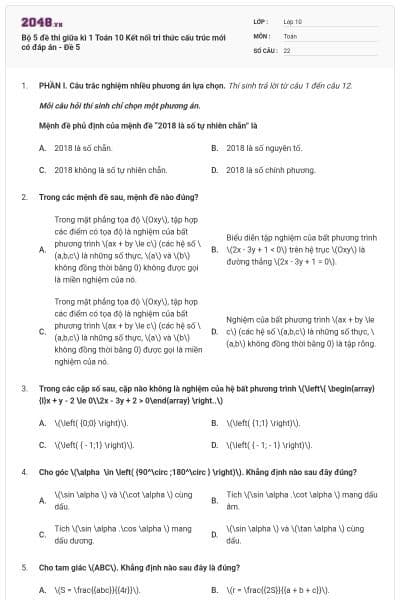 Bộ 5 đề thi giữa kì 1 Toán 10 Kết nối tri thức cấu trúc mới có đáp án - Đề 5