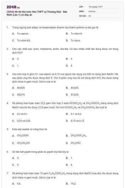 (2024) Đề thi thử môn Hóa THPT Lý Thường Kiệt - Bắc Ninh (Lần 1) có đáp án