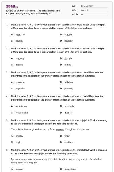 (2024) Đề thi thử THPT môn Tiếng anh Trường THPT Chuyên Lê Hồng Phong Nam Định có đáp án