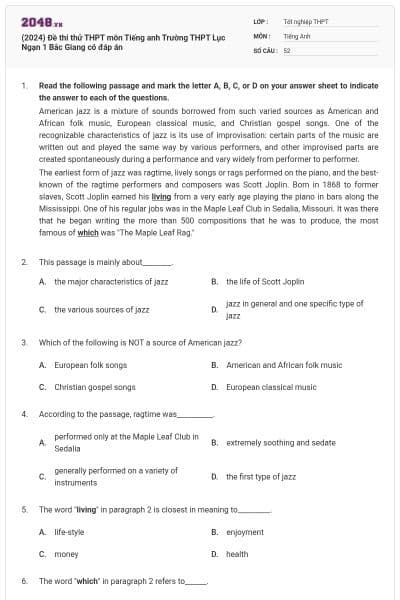 (2024) Đề thi thử THPT môn Tiếng anh Trường THPT Lục Ngạn 1 Bắc Giang có đáp án