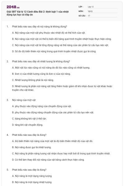 Giải SBT Vật lý 12 Cánh diều Bài 2: Định luật 1 của nhiệt động lực học có đáp án