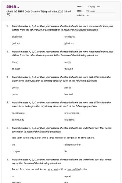 Đề thi thử THPT Quốc Gia môn Tiếng anh năm 2020 (Đề số 26)