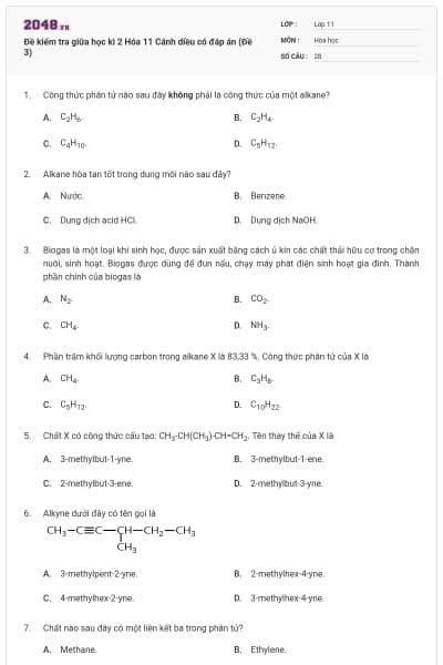Đề kiểm tra giữa học kì 2 Hóa 11 Cánh diều có đáp án (Đề 3)