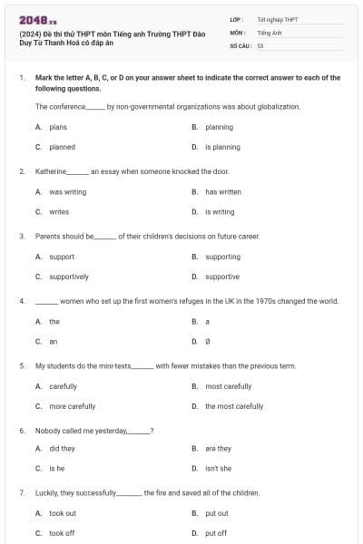 (2024) Đề thi thử THPT môn Tiếng anh Trường THPT Đào Duy Từ Thanh Hoá có đáp án