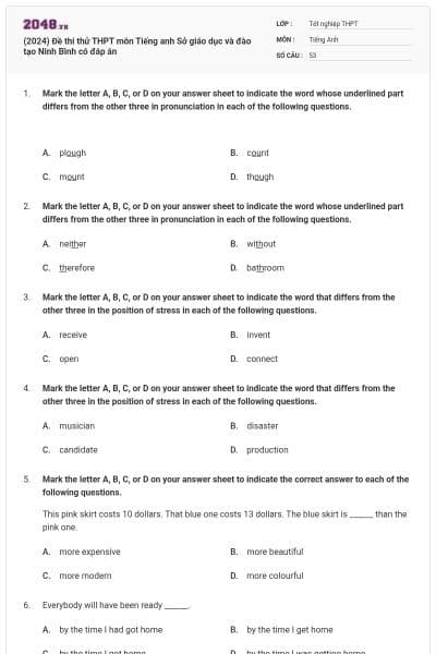(2024) Đề thi thử THPT môn Tiếng anh Sở giáo dục và đào tạo Ninh Bình có đáp án