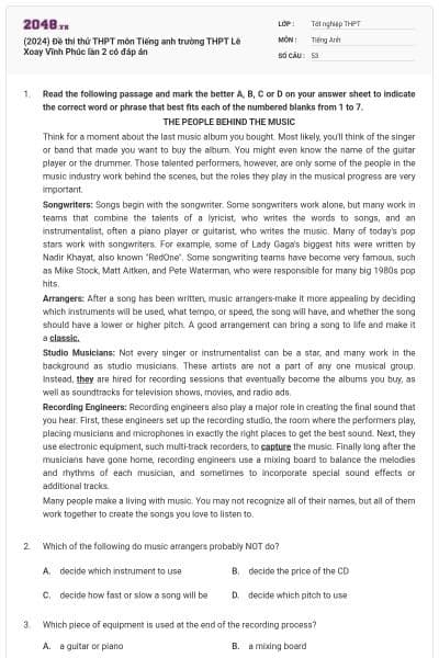 (2024) Đề thi thử THPT môn Tiếng anh trường THPT Lê Xoay Vĩnh Phúc lần 2 có đáp án