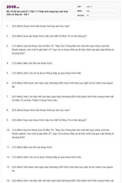 Bộ 10 đề thi cuối kì 1 Văn 11 Chân trời sáng tạo cấu trúc mới có đáp án - Đề 1