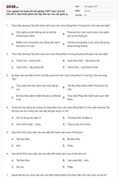Trắc nghiệm ôn luyện thi tốt nghiệp THPT môn Lịch Sử Chủ đề 2: Quá trình giành độc lập dân tộc của các quốc gia Đông Nam Á
