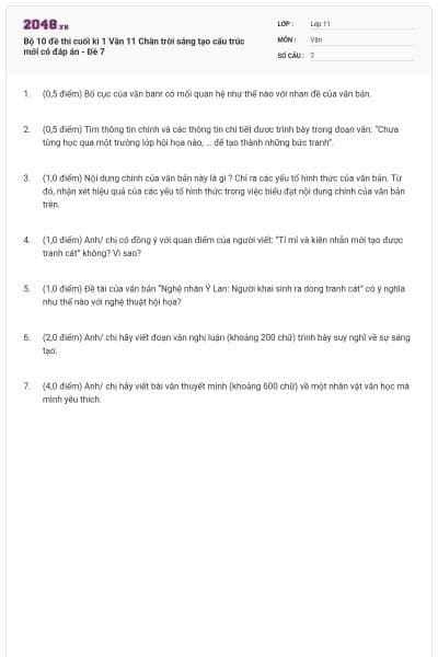 Bộ 10 đề thi cuối kì 1 Văn 11 Chân trời sáng tạo cấu trúc mới có đáp án - Đề 7