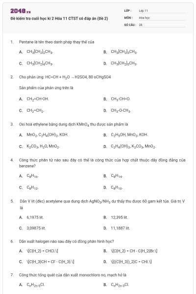 Đề kiểm tra cuối học kì 2 Hóa 11 CTST có đáp án (Đề 2)