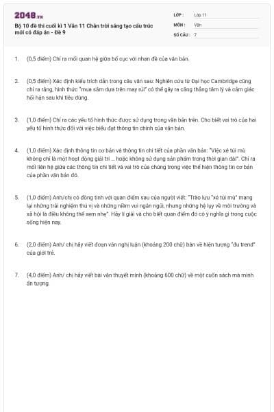 Bộ 10 đề thi cuối kì 1 Văn 11 Chân trời sáng tạo cấu trúc mới có đáp án - Đề 9