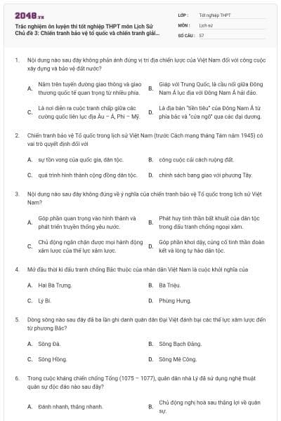 Trắc nghiệm ôn luyện thi tốt nghiệp THPT môn Lịch Sử Chủ đề 3: Chiến tranh bảo vệ tổ quốc và chiến tranh giải phóng dân tộc trong lịch sử Việt Nam (trước cách mạng tháng 8 năm 1945)