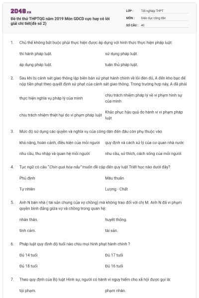 Đề thi thử THPTQG năm 2019 Môn GDCD cực hay có lời giải chi tiết(đề số 2)