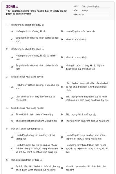 190+ câu trắc nghiệm Tâm lý học lứa tuổi và tâm lý học sư phạm có đáp án (Phần 5)