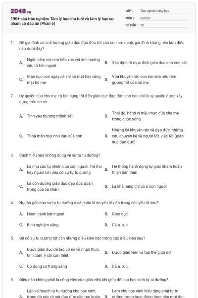 190+ câu trắc nghiệm Tâm lý học lứa tuổi và tâm lý học sư phạm có đáp án (Phần 6)