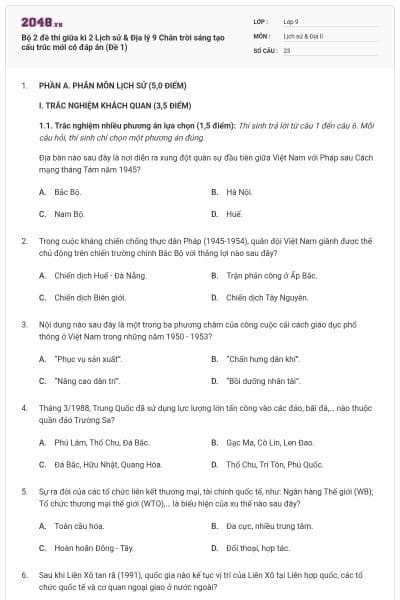 Bộ 2 đề thi giữa kì 2 Lịch sử & Địa lý 9 Chân trời sáng tạo cấu trúc mới có đáp án (Đề 1)