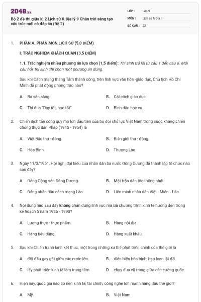 Bộ 2 đề thi giữa kì 2 Lịch sử & Địa lý 9 Chân trời sáng tạo cấu trúc mới có đáp án (Đề 2)