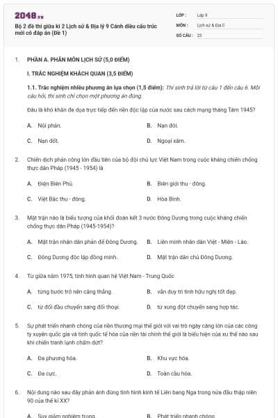 Bộ 2 đề thi giữa kì 2 Lịch sử & Địa lý 9 Cánh diều cấu trúc mới có đáp án (Đề 1)
