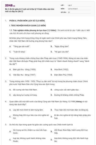 Bộ 2 đề thi giữa kì 2 Lịch sử & Địa lý 9 Cánh diều cấu trúc mới có đáp án (Đề 2)