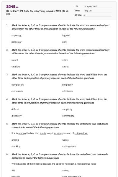 Đề thi thử THPT Quốc Gia môn Tiếng anh năm 2020 (Đề số 27)