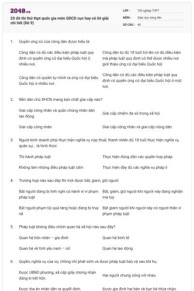 20 đề thi thử thpt quốc gia môn GDCD cực hay có lời giải chi tiết (Đề 9)