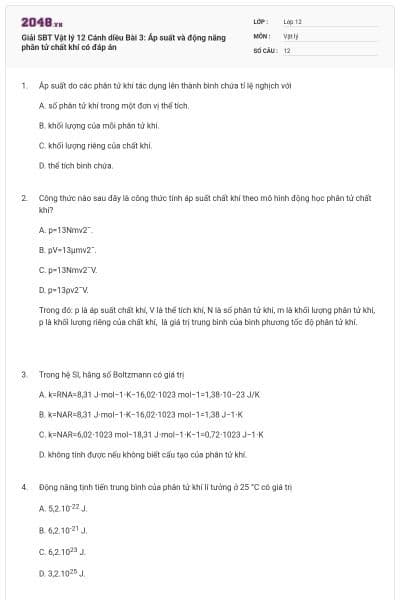 Giải SBT Vật lý 12 Cánh diều Bài 3: Áp suất và động năng phân tử chất khí có đáp án