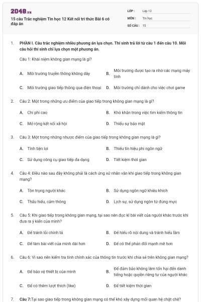 15 câu Trắc nghiệm Tin học 12 Kết nối tri thức Bài 6 có đáp án