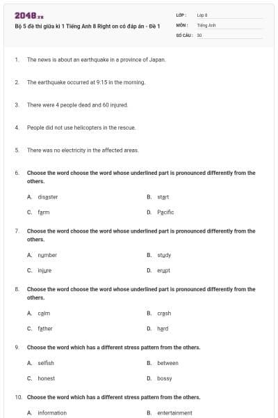 Bộ 5 đề thi giữa kì 1 Tiếng Anh 8 Right on có đáp án - Đề 1