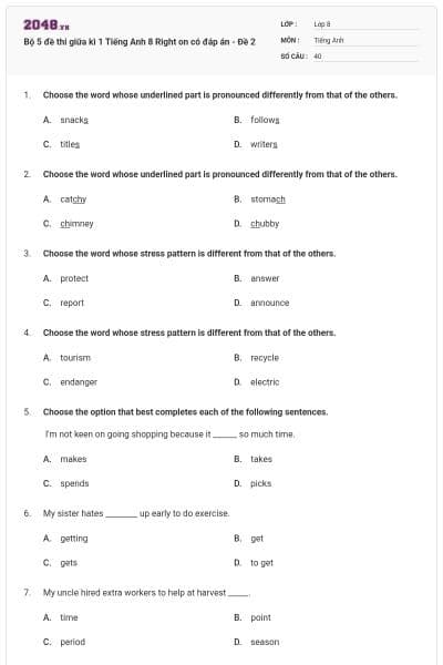 Bộ 5 đề thi giữa kì 1 Tiếng Anh 8 Right on có đáp án - Đề 2