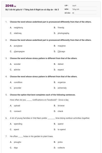 Bộ 5 đề thi giữa kì 1 Tiếng Anh 8 Right on có đáp án - Đề 3