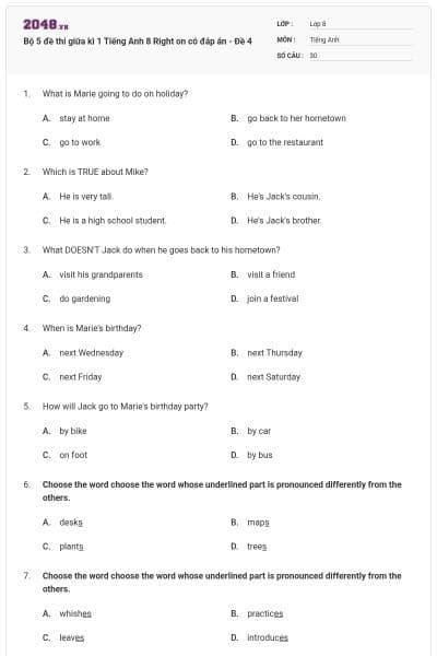 Bộ 5 đề thi giữa kì 1 Tiếng Anh 8 Right on có đáp án - Đề 4