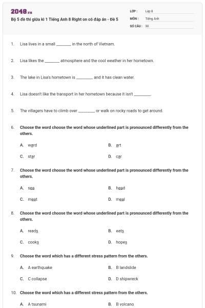 Bộ 5 đề thi giữa kì 1 Tiếng Anh 8 Right on có đáp án - Đề 5