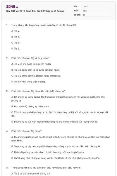 Giải SBT Vật lý 12 Cánh diều Bài 3: Phóng xạ có đáp án