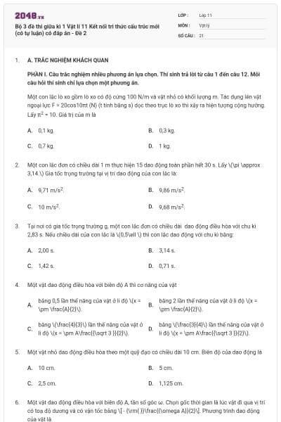 Bộ 3 đề thi giữa kì 1 Vật lí 11 Kết nối tri thức cấu trúc mới (có tự luận) có đáp án - Đề 2