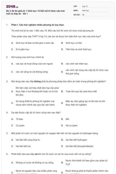Bộ 3 đề thi giữa kì 1 Sinh học 10 Kết nối tri thức cấu trúc mới có đáp án - Đề 1