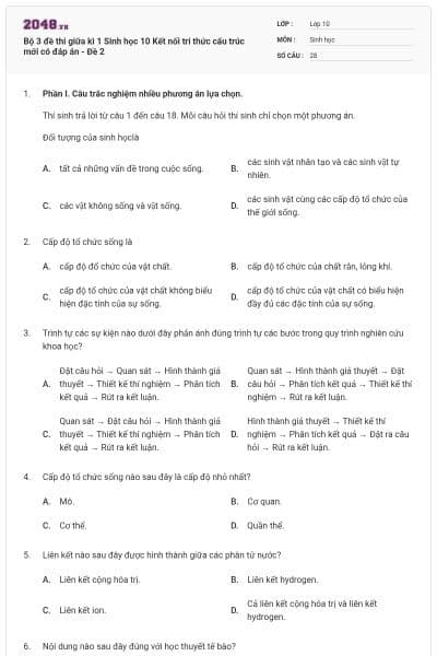 Bộ 3 đề thi giữa kì 1 Sinh học 10 Kết nối tri thức cấu trúc mới có đáp án - Đề 2