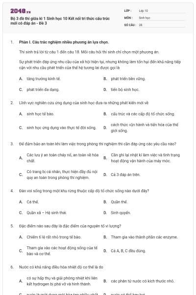 Bộ 3 đề thi giữa kì 1 Sinh học 10 Kết nối tri thức cấu trúc mới có đáp án - Đề 3