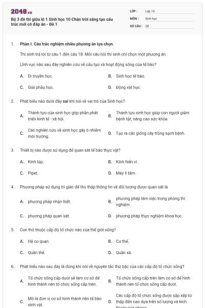 Bộ 3 đề thi giữa kì 1 Sinh học 10 Chân trời sáng tạo cấu trúc mới có đáp án - Đề 1