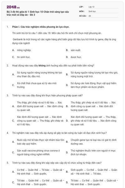 Bộ 3 đề thi giữa kì 1 Sinh học 10 Chân trời sáng tạo cấu trúc mới có đáp án - Đề 3