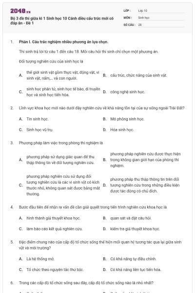 Bộ 3 đề thi giữa kì 1 Sinh học 10 Cánh diều cấu trúc mới có đáp án - Đề 1