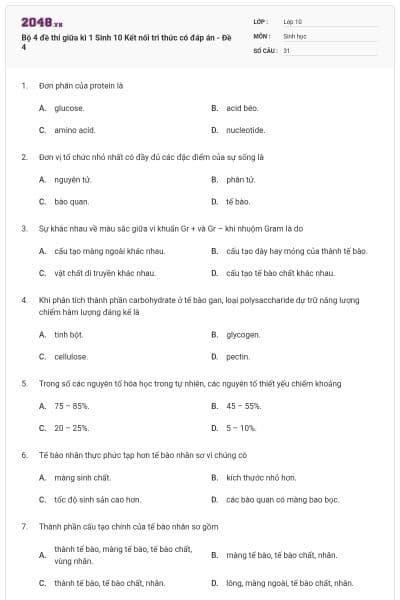 Bộ 4 đề thi giữa kì 1 Sinh 10 Kết nối tri thức có đáp án - Đề 4