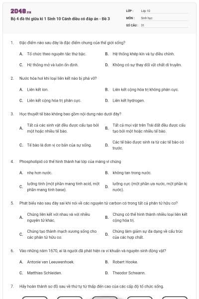 Bộ 4 đề thi giữa kì 1 Sinh 10 Cánh diều có đáp án - Đề 3