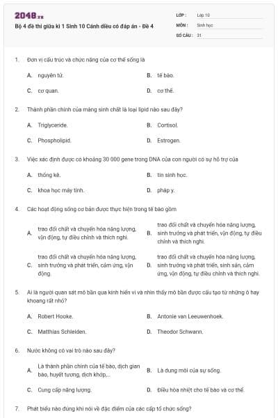 Bộ 4 đề thi giữa kì 1 Sinh 10 Cánh diều có đáp án - Đề 4